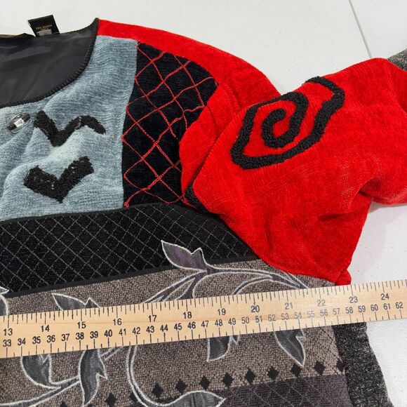 VTG Red Gray Chenille Embroidered Patchwork Jacket Womens XL Artsy 80s Abstract - Picture 7 of 11